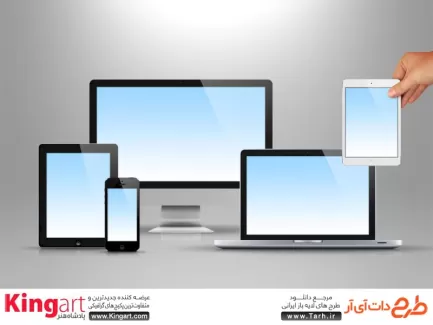 قالب لایه باز موکاپ مانیتور،لپ تاپ، موبایل و تبلت جهت پیش نمایش ریسپانسیو دستگاه‌های دیجیتال