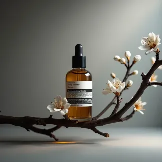 تصویر باکیفیت شیشه عطر روی شاخه پر از شکوفه عکس حرفه ای عطر و ادکلن
