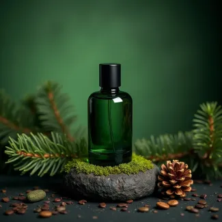 دانلود عکس حرفه ای شیشه ادکلن کنار میوه کاج عکس حرفه ای عطر و ادکلن