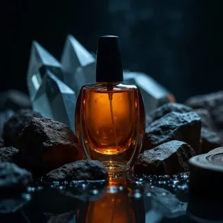 تصویر شیشه ادکلن میان سنگ صخره عکس حرفه ای عطر و ادکلن
