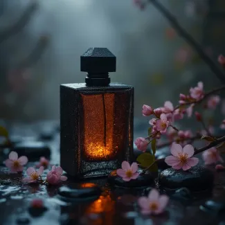 تصویر استوک ادکلن در میان شکوفه ها عکس حرفه ای عطر و ادکلن