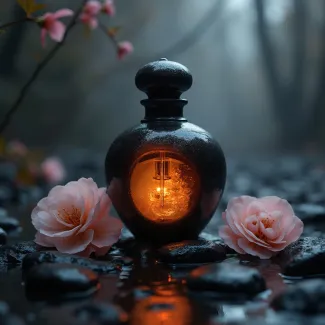 تصویر با کیفیت ادکلن با شکوفه های صورتی عکس حرفه ای عطر و ادکلن