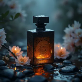 تصویر حرفه ای از ادکلن با شکوفه های صورتی عکس حرفه ای عطر و ادکلن