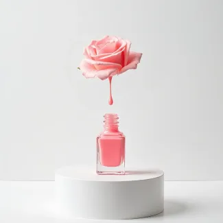 عکس شیشه لاک با گل رز صورتی عکس حرفه ای لوازم آرایشی