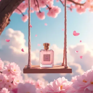 تصویر استوک ادکلن روی تاب و شکوفه صورتی عکس حرفه ای عطر و ادکلن