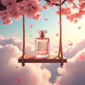 عکس رویایی از شیشه ادکلن در آسمان با شکوفه عکس حرفه ای عطر و ادکلن