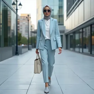 تصویر با کیفیت زن با کت و شلوار استایل آبی عکس حرفه ای مانتو فروشی