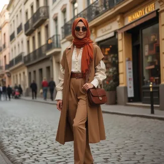 تصویر مدل با سارافون و شلوار قهوه ای عکس حرفه ای مانتو فروشی