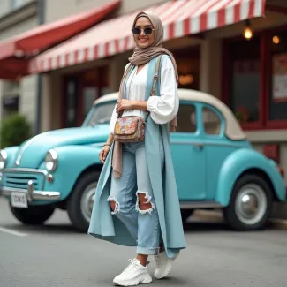 عکس زن با سارافون بلند و شلوار لی زاپ دار عکس حرفه ای مانتو فروشی