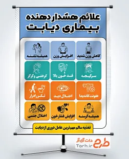 طرح پوستر علائم دیابت شامل وکتور علائم هشدار دهنده دیابت با فرمت PSD و قابل ویرایش