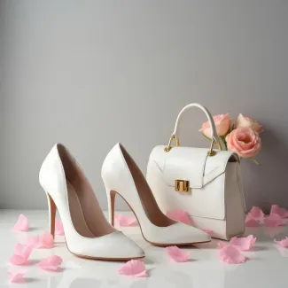 عکس استوک کیف و کفش ست زنانه رنگ سفید عکس حرفه ای کیف و کفش