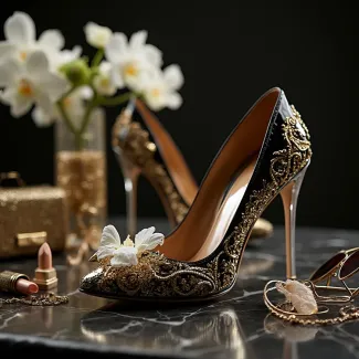 عکس کفش مجلسی زنانه مشکی طلایی عکس حرفه ای کیف و کفش