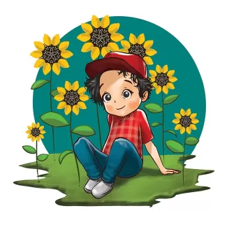 تصویرسازی پسر با گل های آفتابگردان شامل کاراکتر بچه